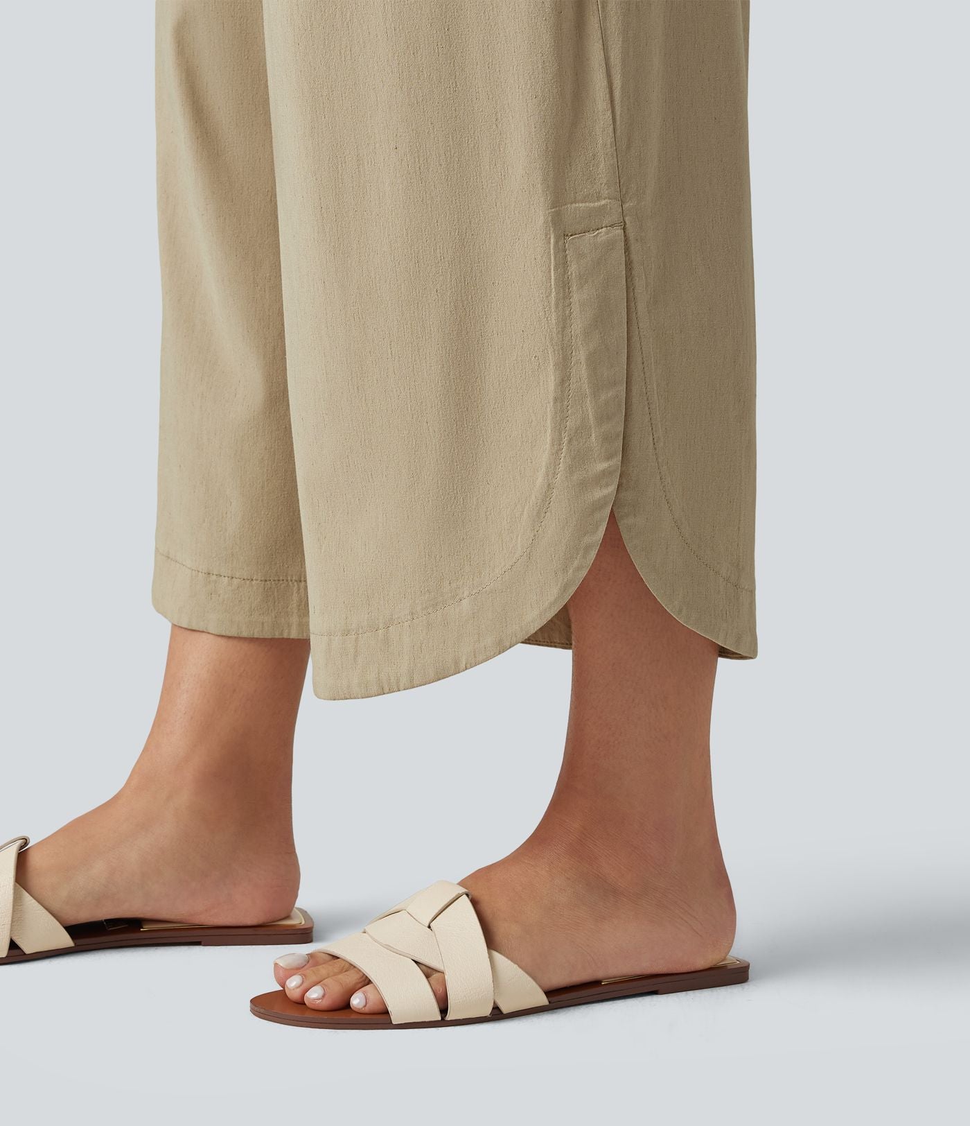 Pantalon large fluide casual raccourci taille haute avec ourlet arrondi, tissu extensible aspect lin et poches