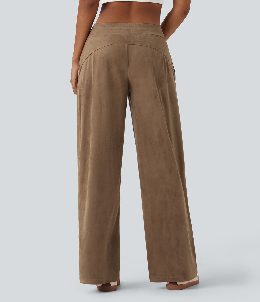Pantalon ample décontracté suédine taille mi-haute avec poches