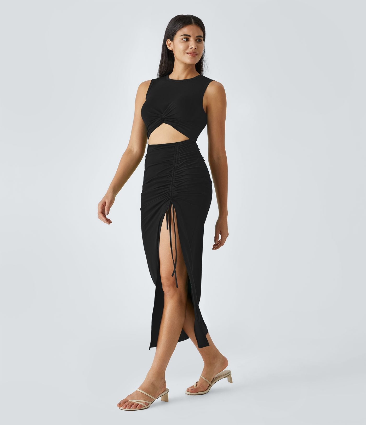 Robe Midi Casual Moulante  Ourlet Fendu Col Rond Découpes Torsadées Froncée Cordon Serrage