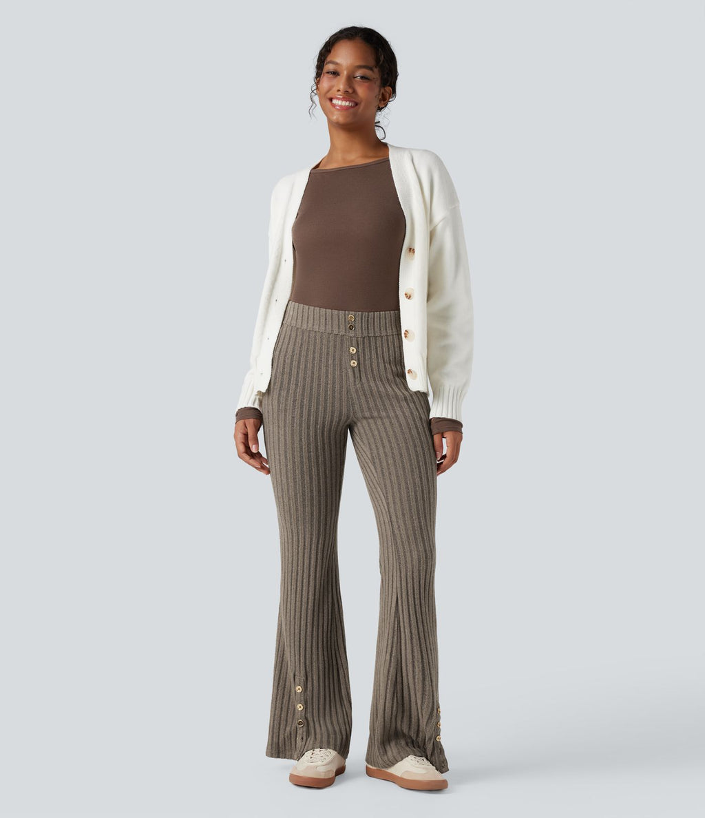 Pantalon évasé côtelé taille mi-haute boutonnage ourlet fendu avec poches