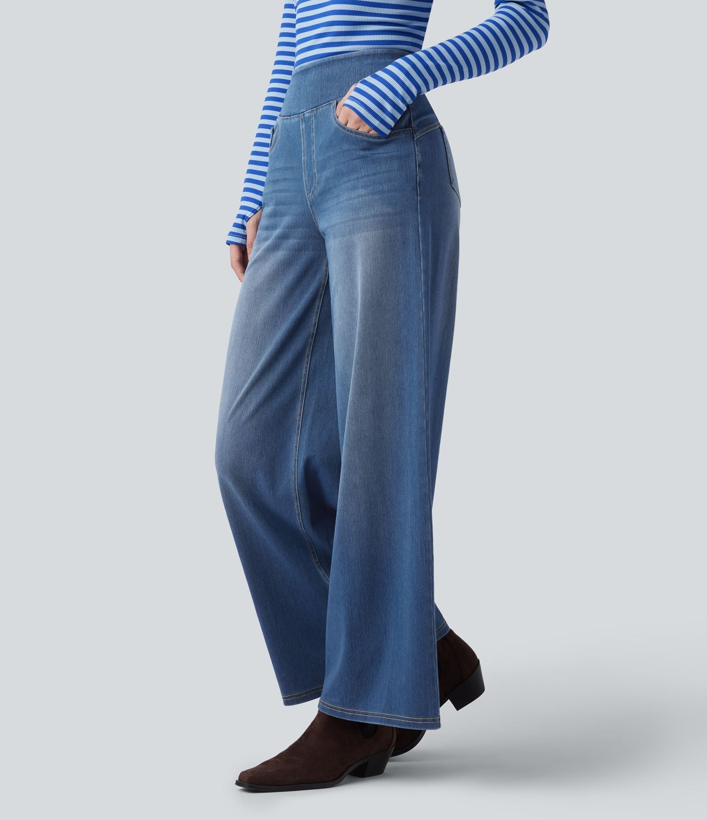 Jean décontracté Halara Flex™ large taille haute effet délavé avec poches
