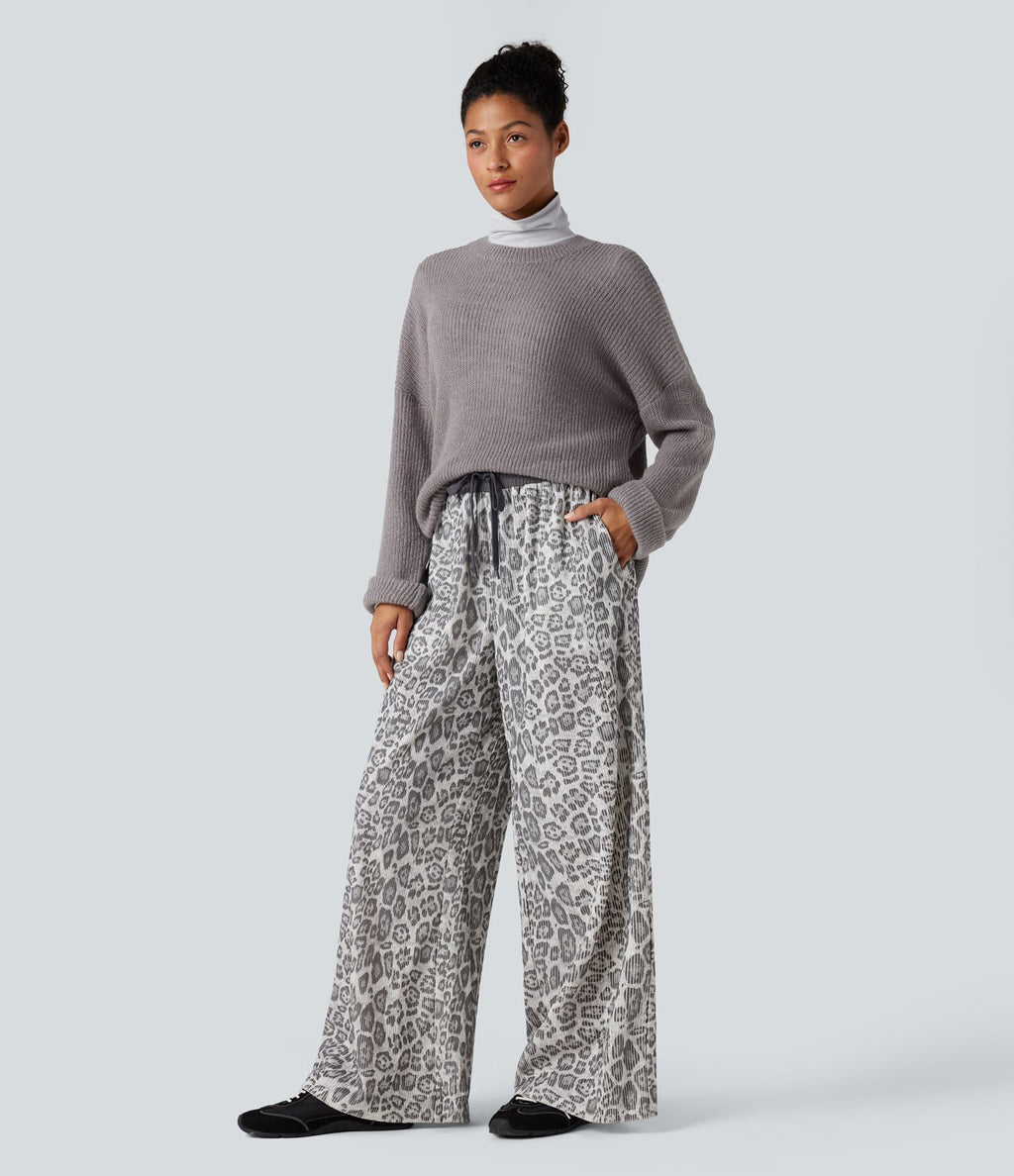 Pantalon baggy imprimé léopard taille haute avec cordon de serrage et poches