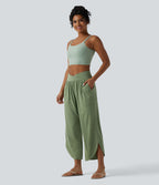 Pantalon décontracté taille haute croisé à ourlet courbe avec poches