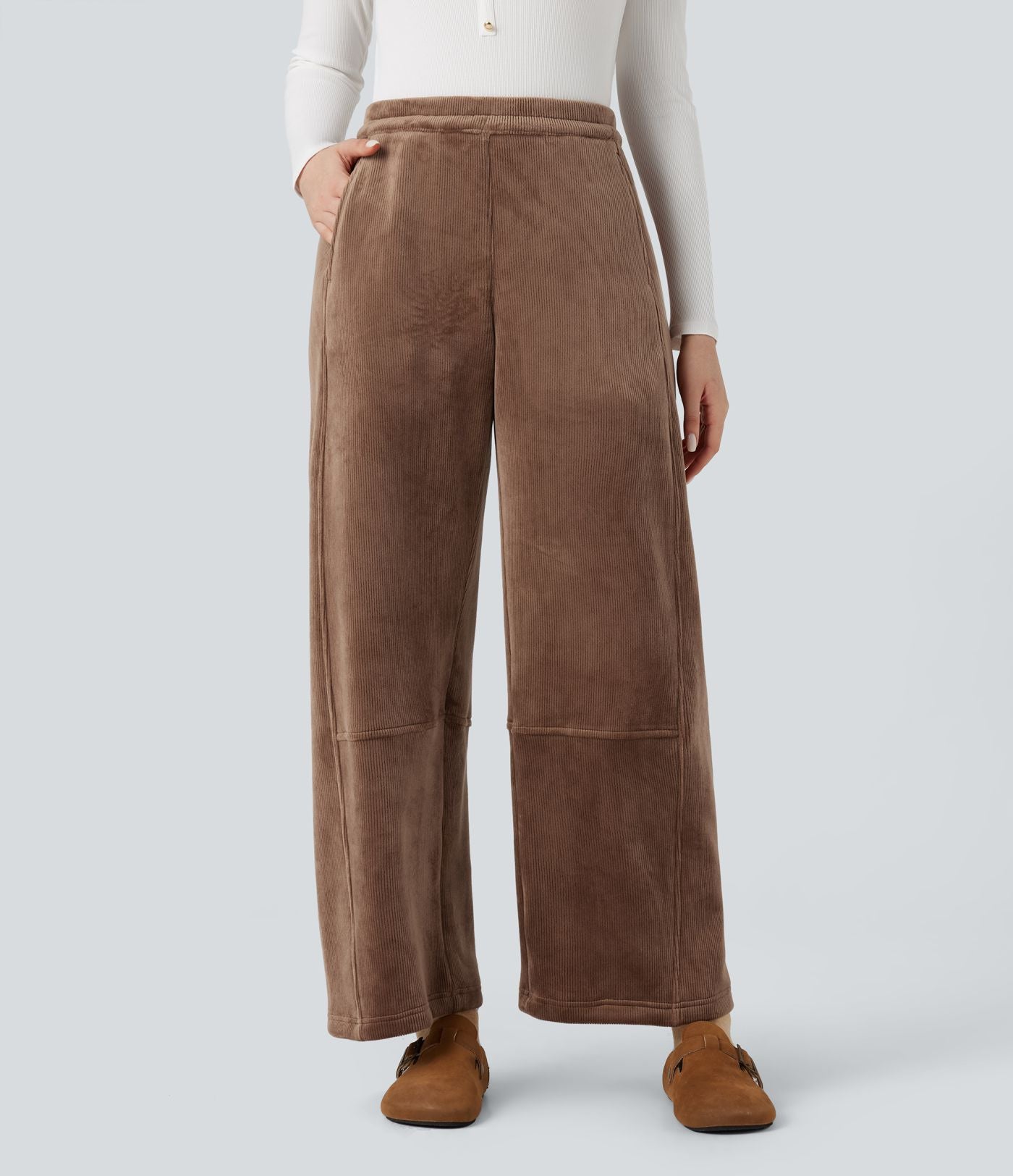 Pantalon barrel polaire côtelé taille mi-haute avec poches
