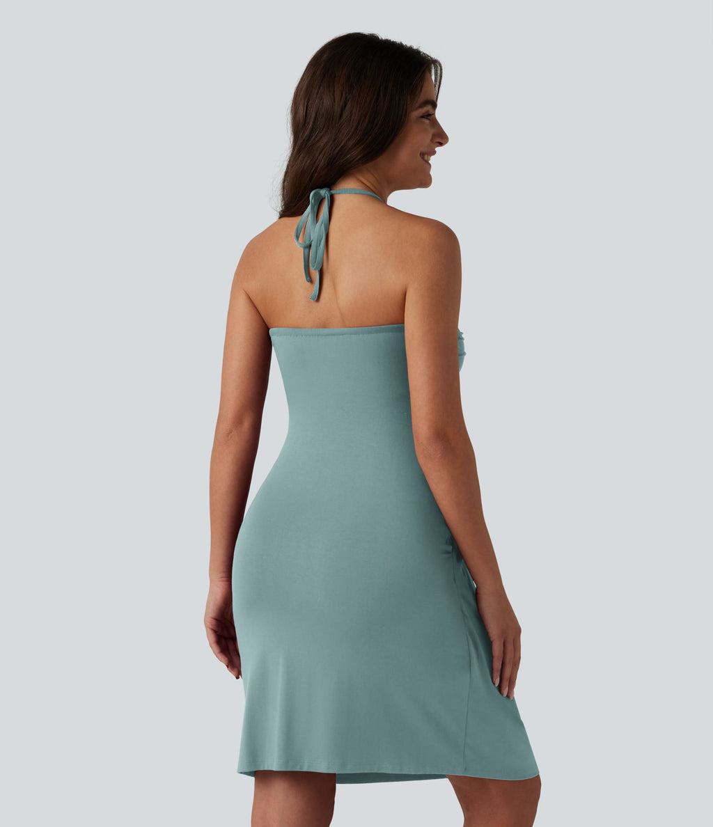 Robe mini dos nu à bretelles, brassière intégrée et poches