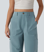 Pantalon cargo casual en popeline extensible coupe droite taille haute avec poches