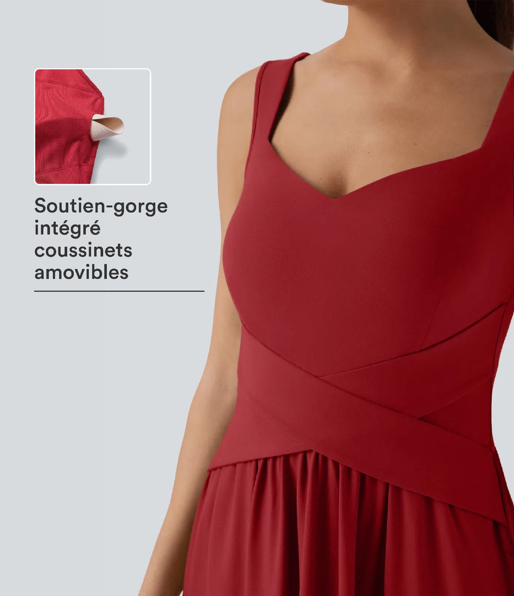 Robe maxi fluide dos nu, avec brassière intégrée et poches