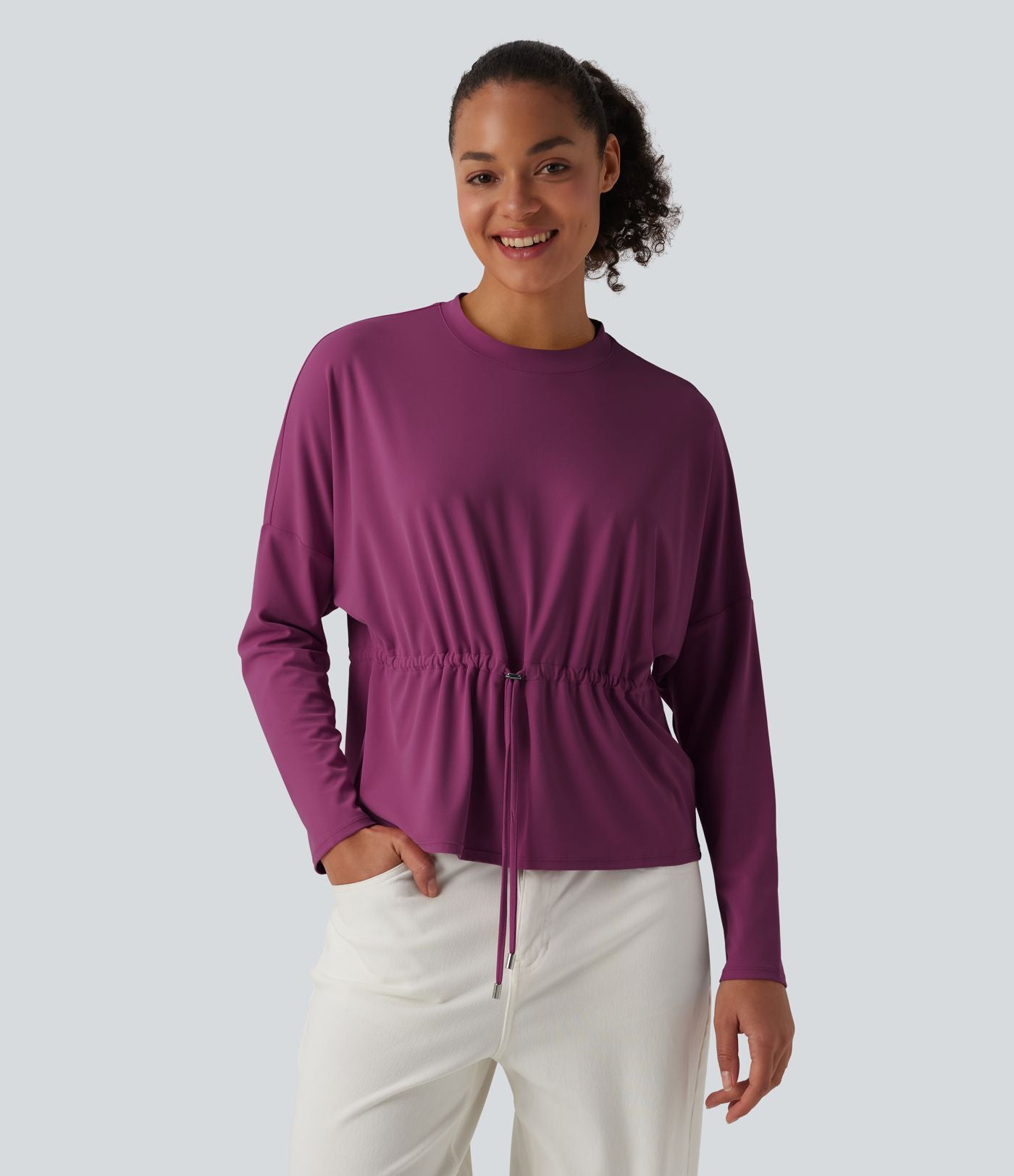 Top casual SoftlyZero™ col rond manches longues avec cordon de serrage - UPF50+