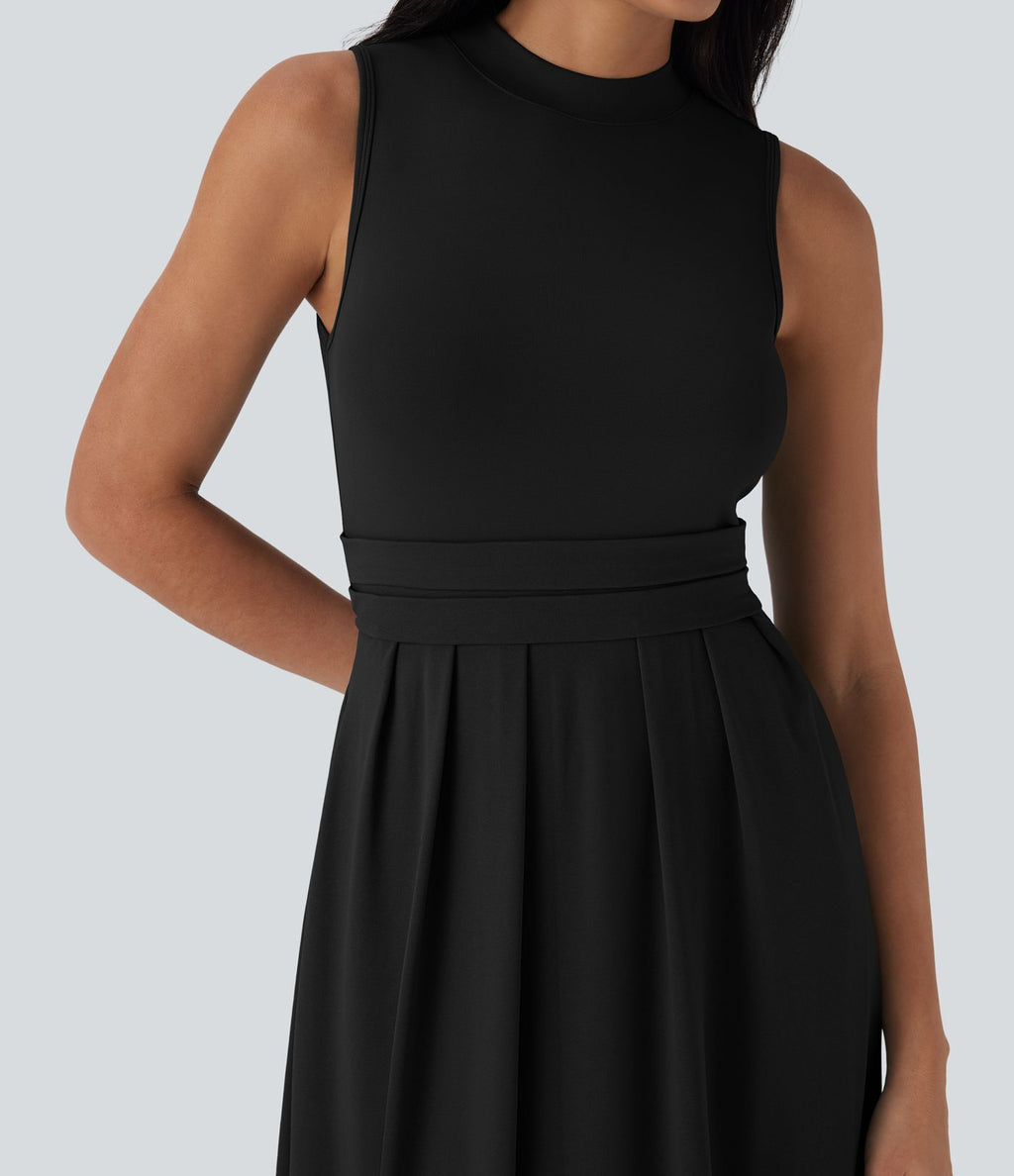 Robe longue décontractée sans manches à col montant, coupe évasée et poches latérales