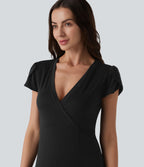 Robe longue fluide col V manches courtes