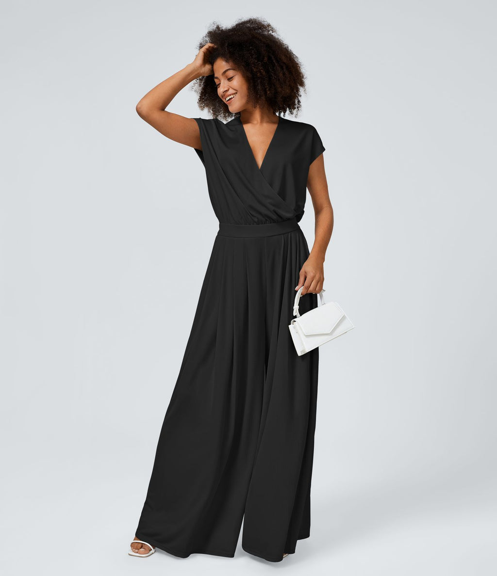 Combinaison Casual Col en V Jambes Large Plissée Manches Courtes Poche Latérale Gaufrée Fluide