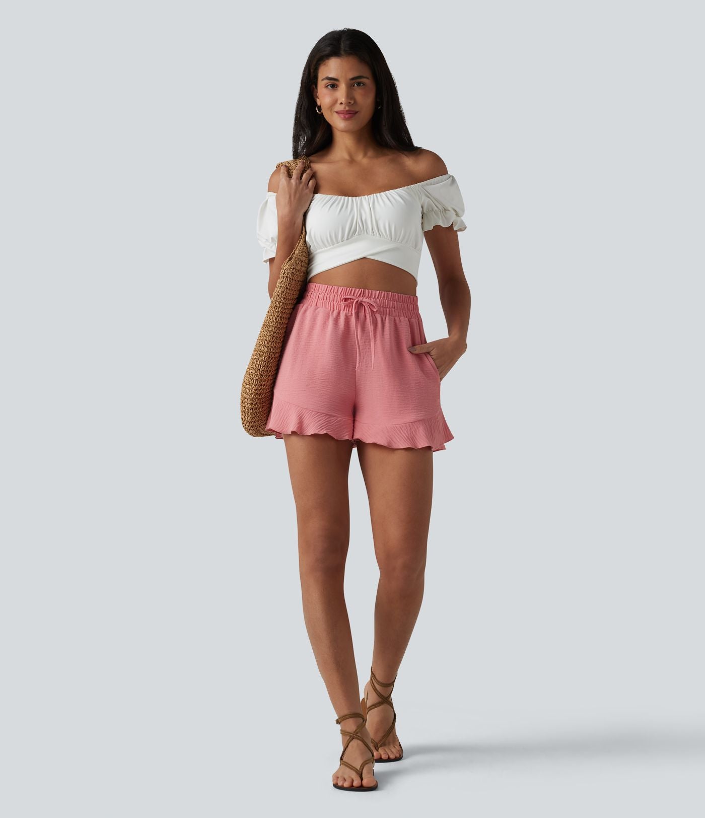Short ample vacances taille haute cordon de serrage ourlet à volants aspect lin avec poches