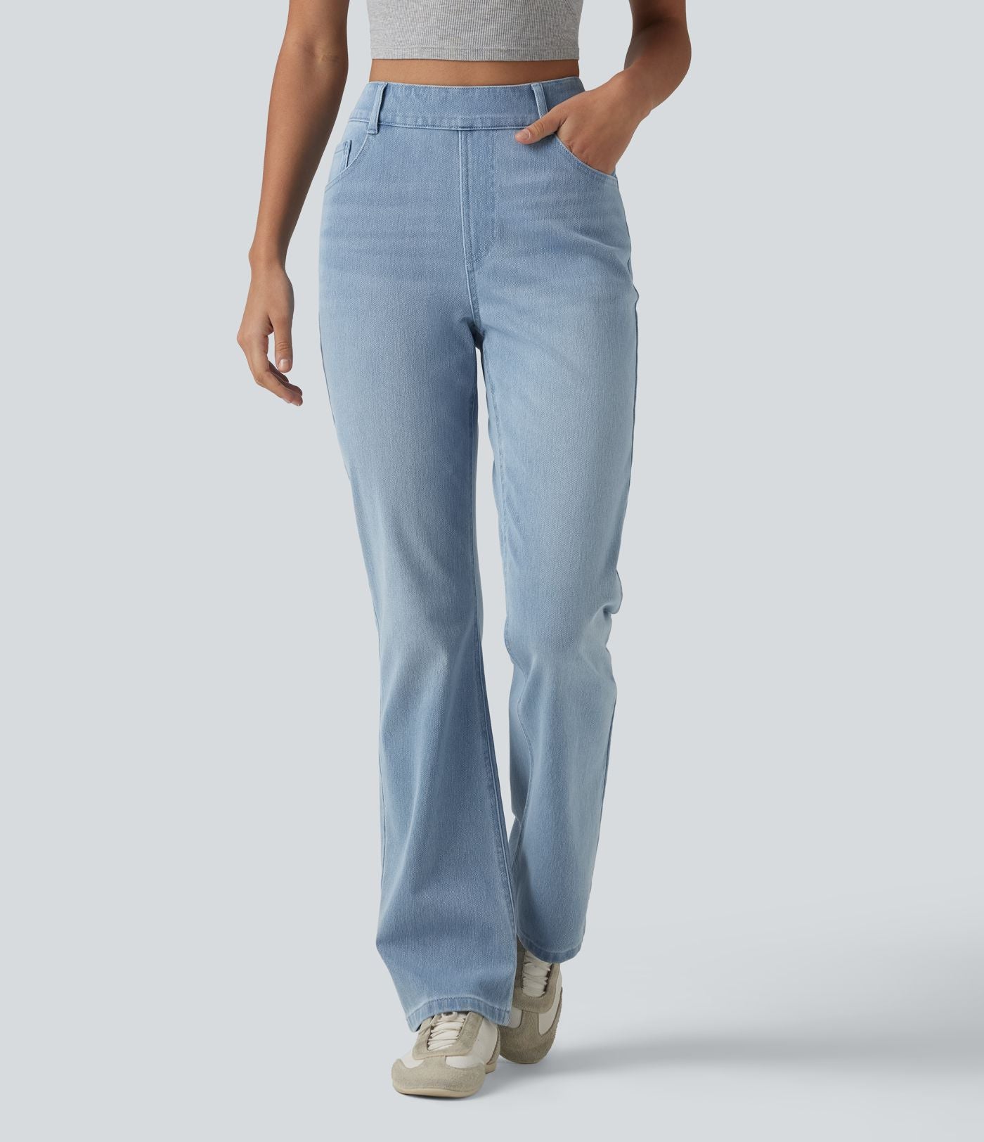 Halara Flex™ Jeans bootcut Casual Taille Haute Multiples Poches Lavés Élastiques et Tricotés Coupe