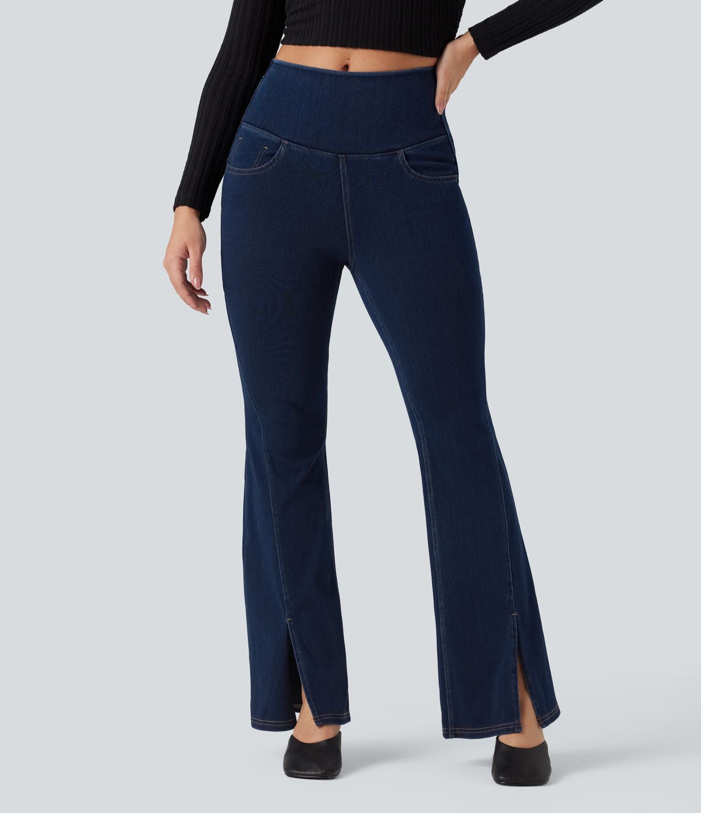 Legging denim évasé Halara Flex™ taille haute dos croisé fendu avec poches