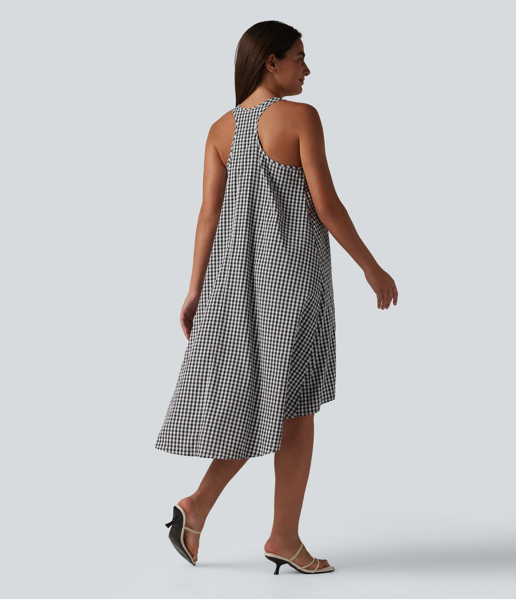 Robe midi resort fluide à carreaux vichy dos nu dos nageur coupe asymétrique avec soutien-gorge intégré et poches