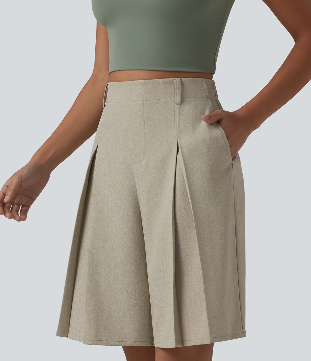 Bermuda ample infroissable taille haute plissé aspect lin avec fermeture éclair invisible et poches