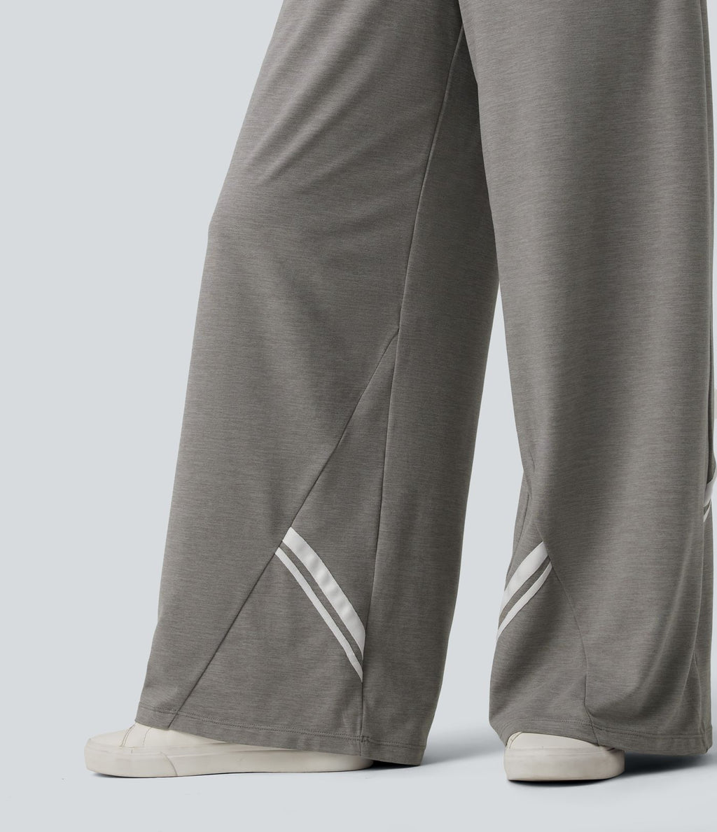 Pantalon large décontracté color block taille haute avec cordon de serrage et poches