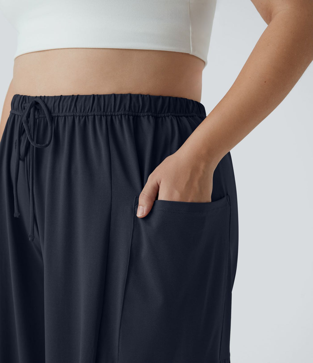 Pantalon Large Casual Taille Mi-Haute Taille Élastique Cordon Poches Latérales Ourlet Flottant Grande Taille