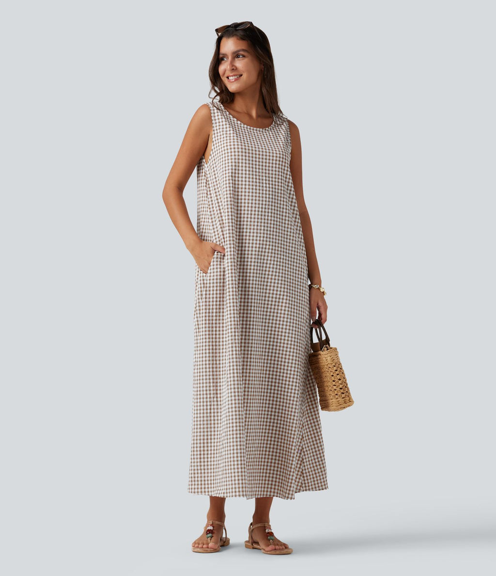 Robe débardeur midi décontractée col rond sans manches en vichy froissé avec poches