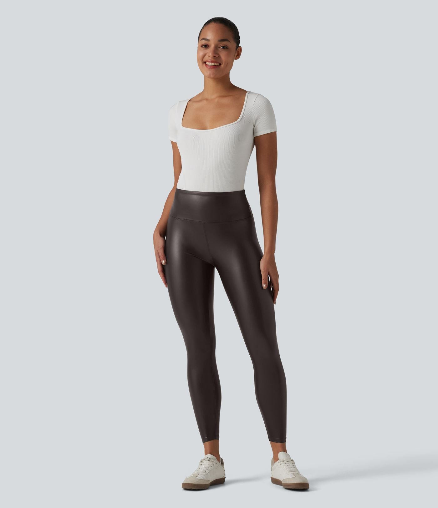 Legging casual 7/8 taille haute ventre plat en similicuir extensible, avec poches