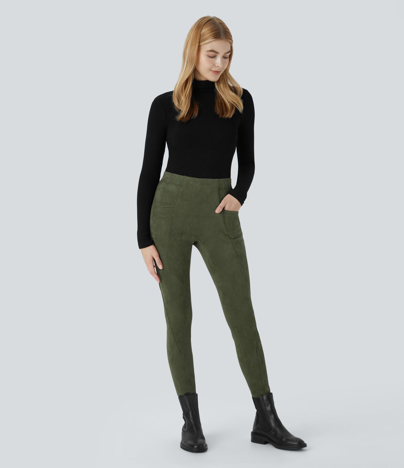 Legging décontracté en suédine taille haute, gainant, avec poches latérales