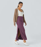 Jupe Casual Maxi à Taille Haute et Ourlet Fendu en A-Line en Côtes