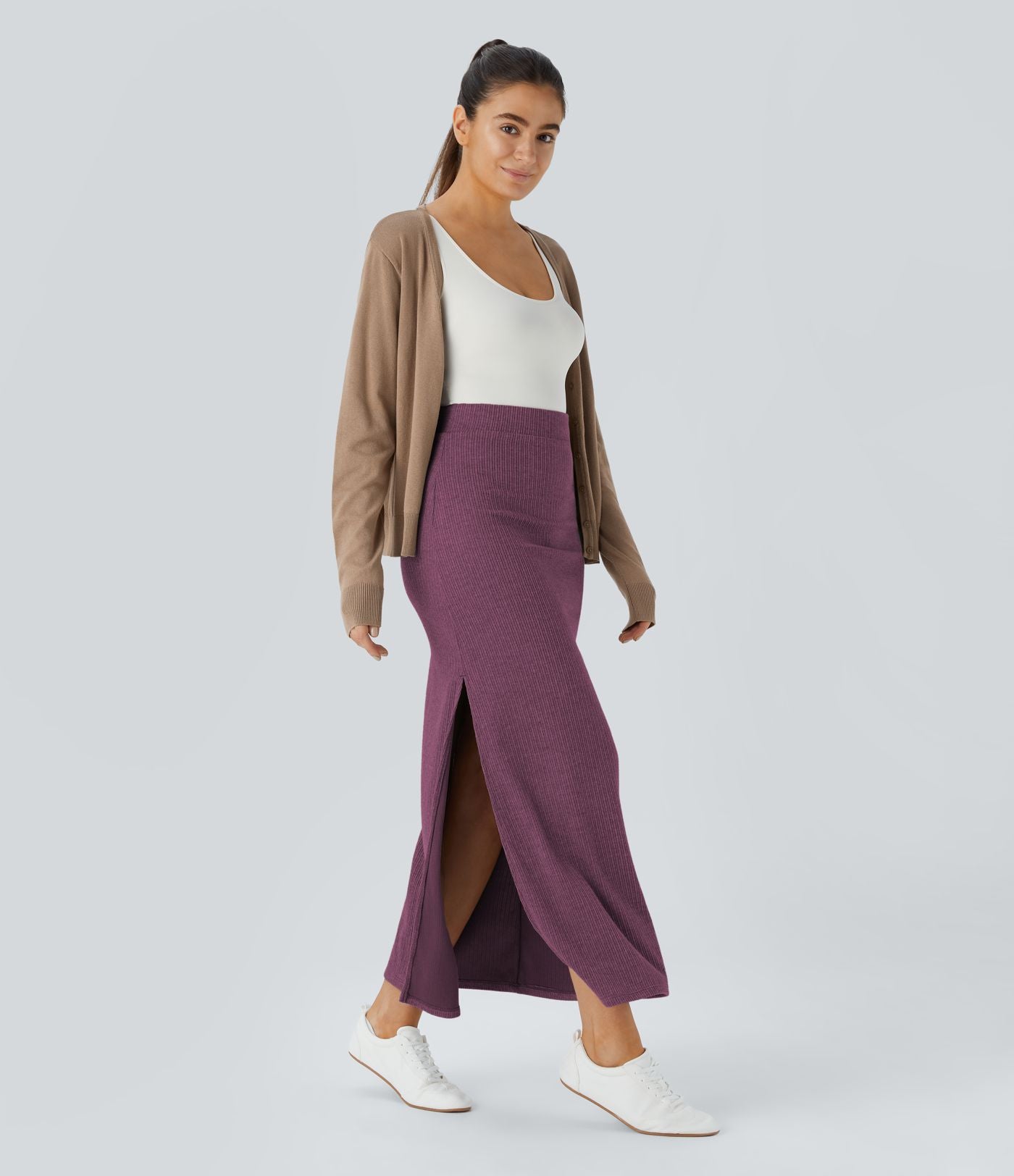 Jupe Casual Maxi à Taille Haute et Ourlet Fendu en A-Line en Côtes