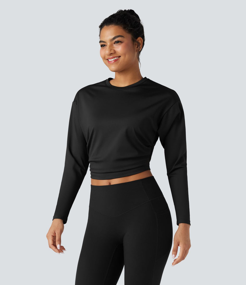 Top de sport yoga court froncé col rond manches longues