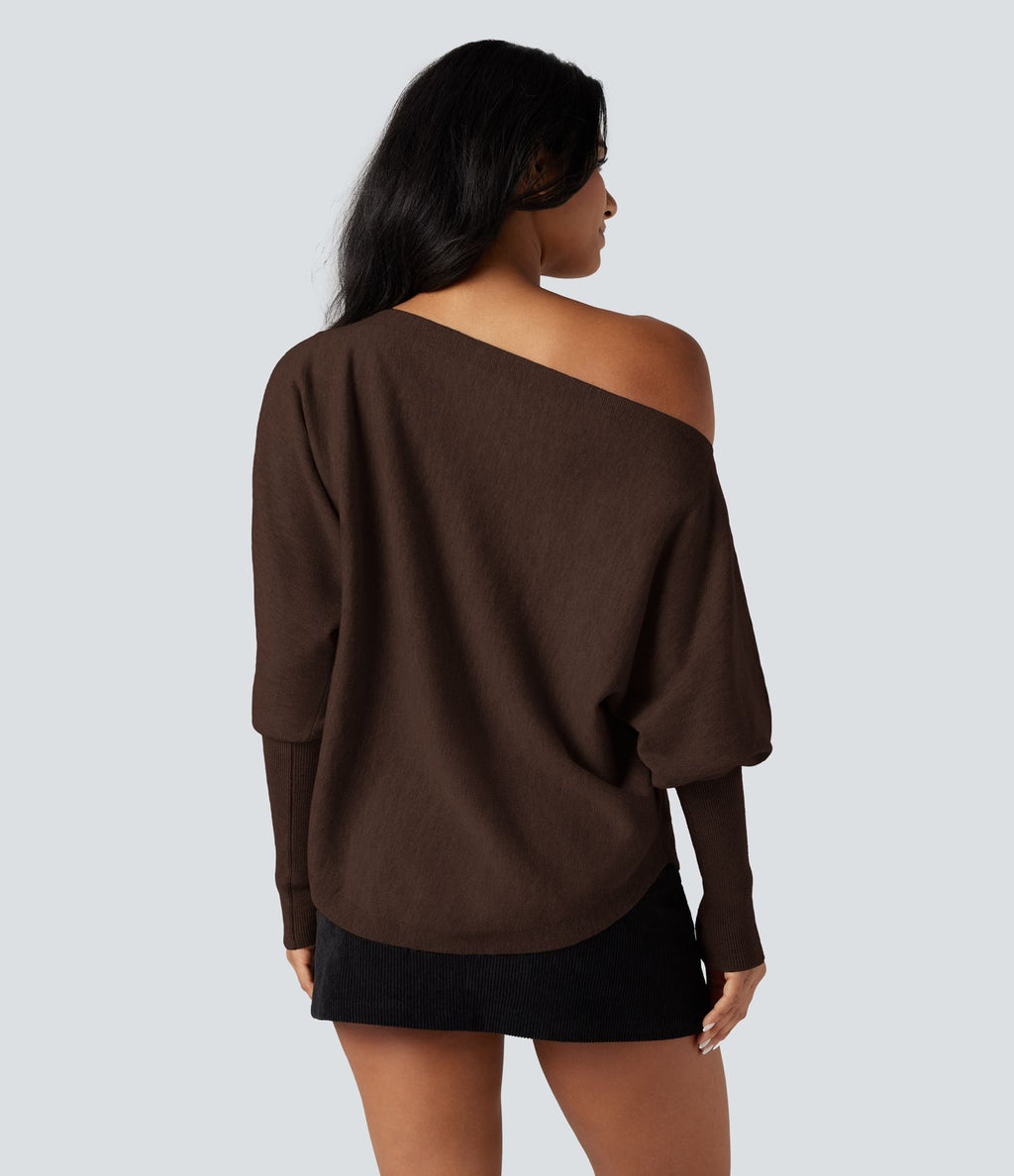 Pull une épaule manches chauve-souris ourlet arrondi