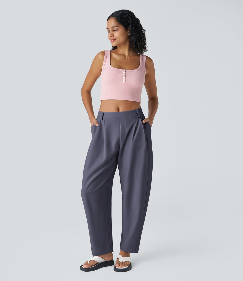 Pantalon tailleur ample, taille moyenne, coupe barrel, à poches