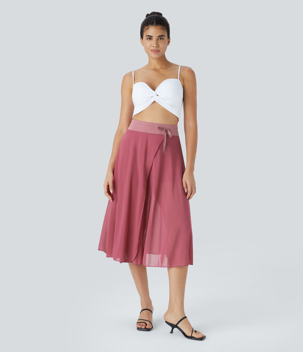Jupe Casual Évasée Mesh Mi-Longue Fuide 2 en 1 Contrastée Taille Haute Cordon Poche Latérale