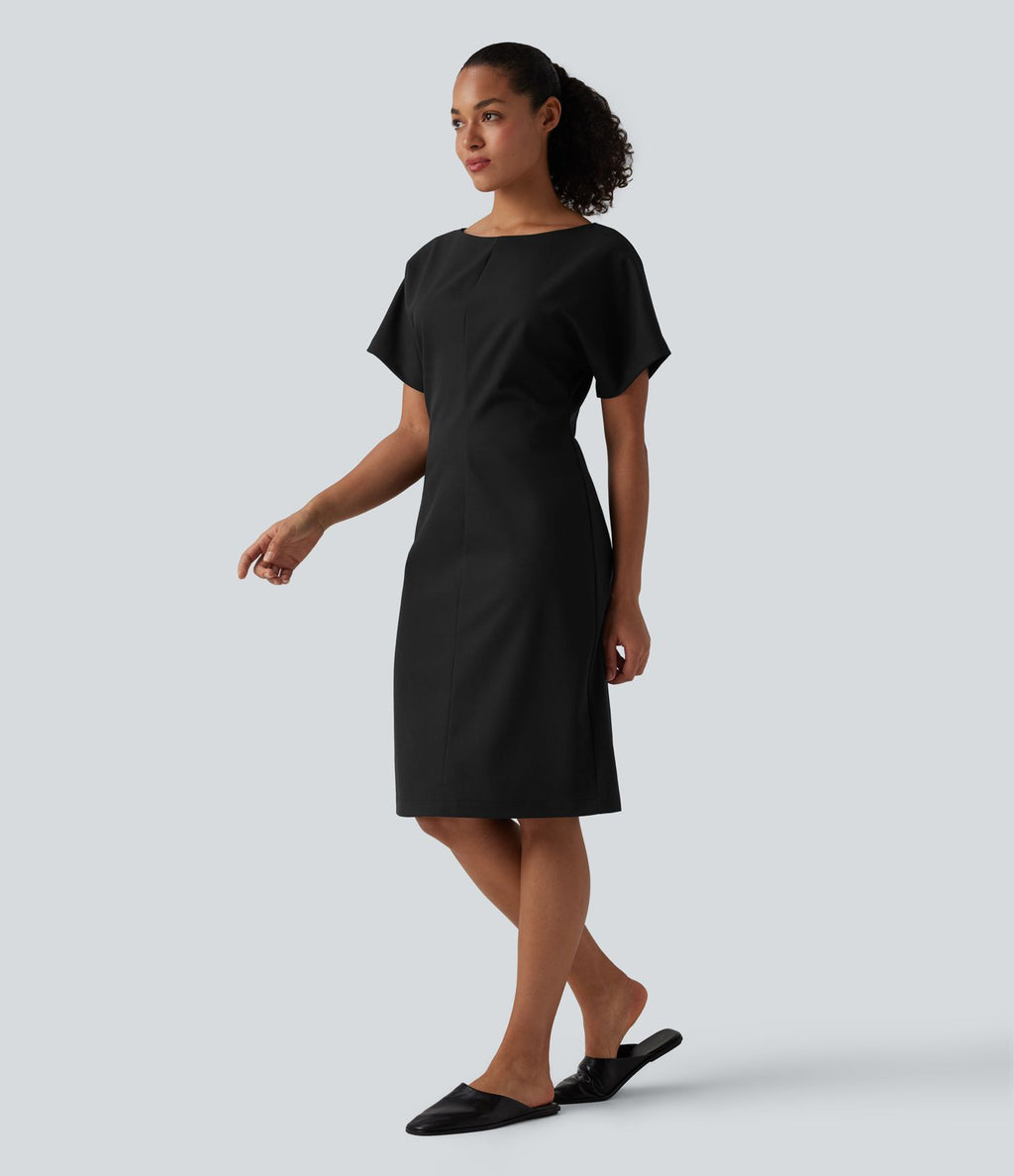 Robe mi-longue de travail col bateau manches courtes mélange lin