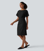 Robe mi-longue de travail col bateau manches courtes mélange lin