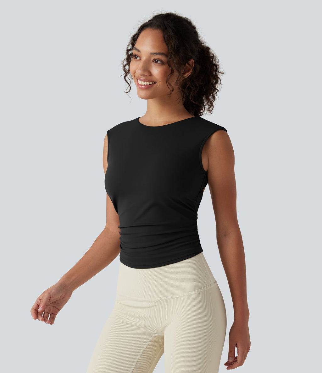 Débardeur de yoga SoftlyZero™ Airy col bateau ajouré froncé effet frais InstantCool avec brassière intégrée