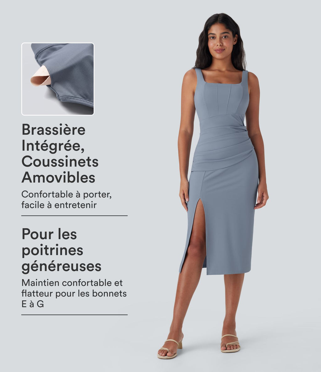 Robe moulante mi-longue SoftlyZero™ Airy col carré corset froncée effet frais InstantCool, bonnets E-G