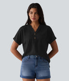 T-shirt casual en tissu gaufré col V à manches chauve-souris et boutons