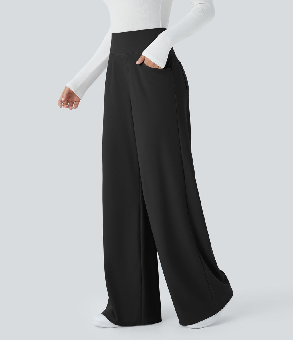 Pantalon tailleur large gainant taille haute en micro-gaufré avec poches Halara Flex™