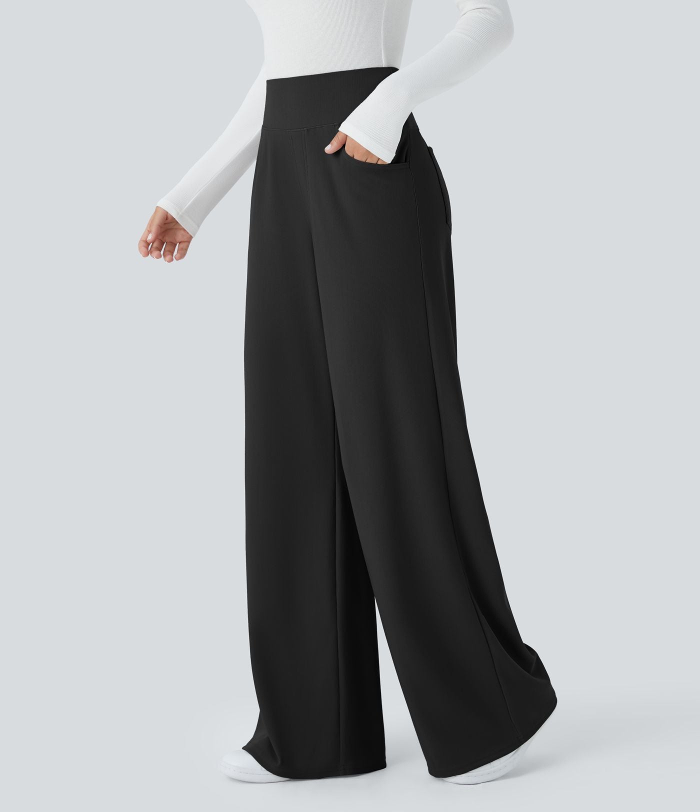 Pantalon tailleur large gainant taille haute en micro-gaufré avec poches Halara Flex™