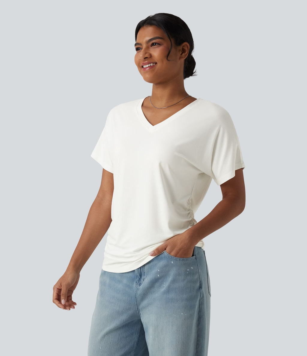T-shirt décontracté uni à manches courtes, col V et fronces
