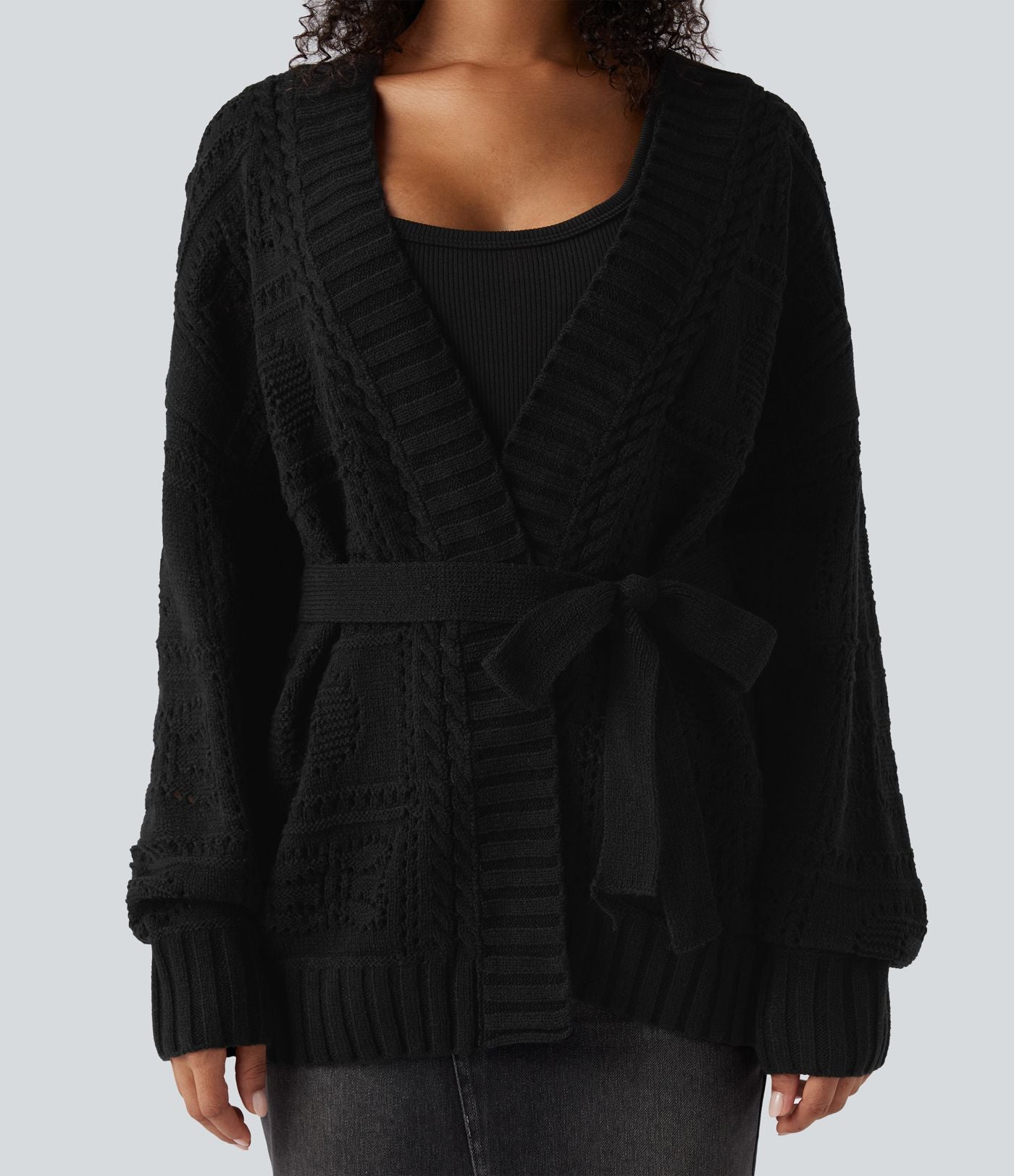 Cardigan décontracté en maille tricotée à manches longues avec ceinture et ouverture devant