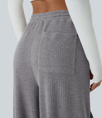 Pantalon cargo décontracté large à cordon côtelé, taille mi-haute, avec poches