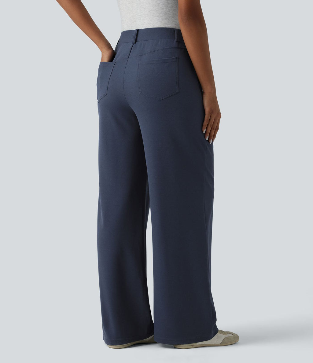 Pantalon décontracté large taille mi-haute gaufré avec poches