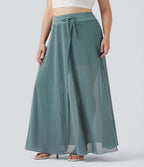 Jupe longue fluide grande taille 2-en-1 mesh contrastant taille haute avec cordon de serrage et poches