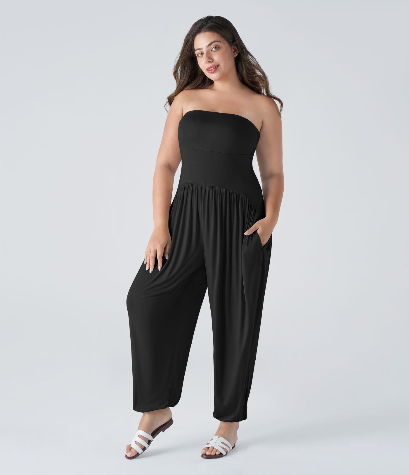 Combinaison Casual Grande Taille à Dos Nu en Tube Côtelé avec Poches Latérales Plissées