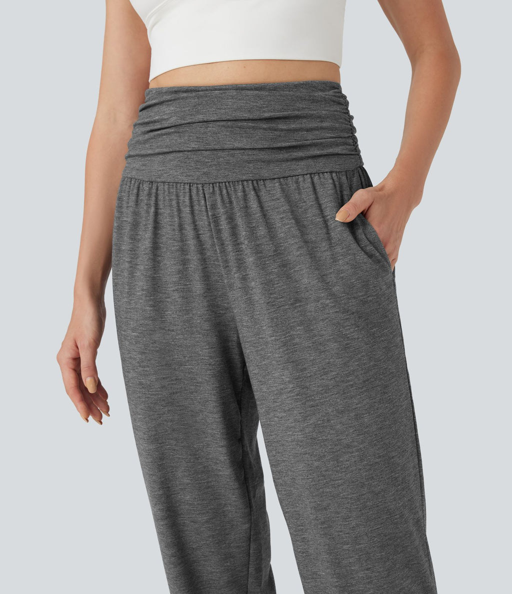 Jogging taille haute froncé chiné avec poches