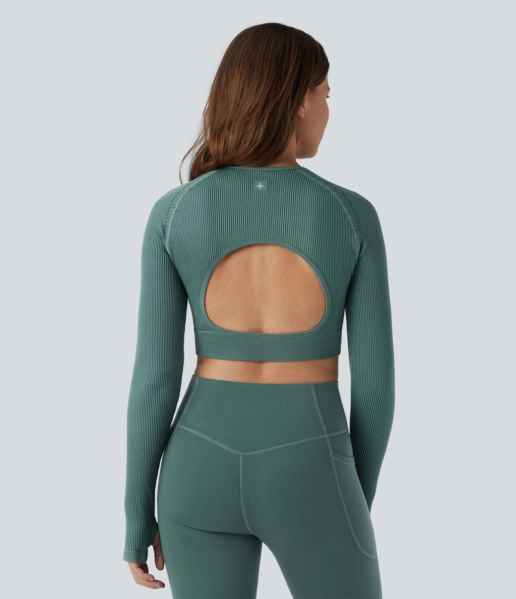 OneForm Seamless Flow Top de sport court yoga dos nu à manches longues raglan avec passants pouces