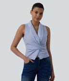 Chemise décontractée à rayures, col V, sans manches, dos noué