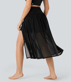 Jupe de danse mi-longue fluide 2-en-1 taille haute, fendue avec poche latérale