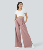 Pantalon Large Casual Taille Haute Boutonnés Fermeture Éclair Plissé Poches Latérales Ourlet Fendu