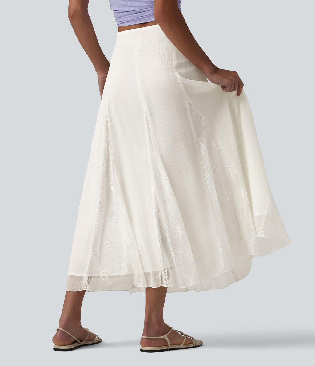 Jupe midi fluide taille haute en mousseline avec dentelle contrastée et fermeture éclair invisible